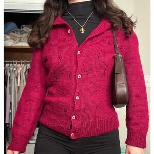 Gorgeous Handmade Knit Berry Red Wool Cardigan Pointelle Fits like Medium